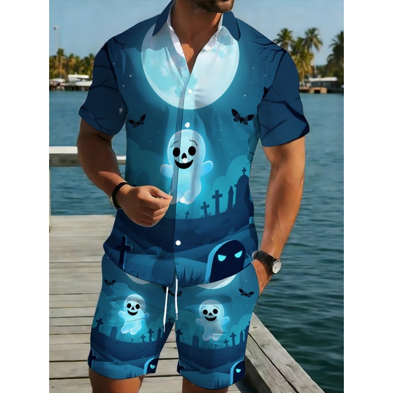 Event & Party Supply - Premium tweedelige herenset met Halloween-print, shirt